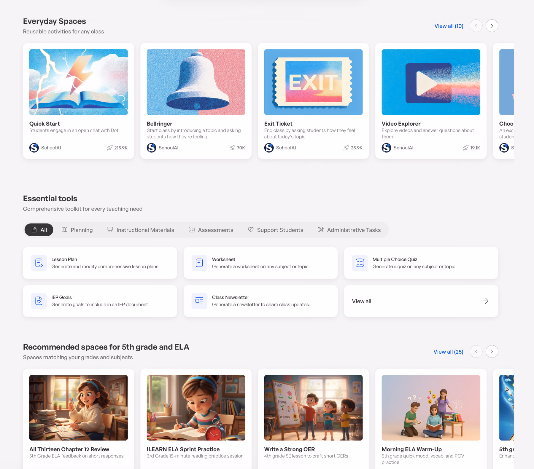 The redesigned Discover page, grouped into Everyday Spaces, Essential tools and Spaces recommended for the teacher’s grade and subject