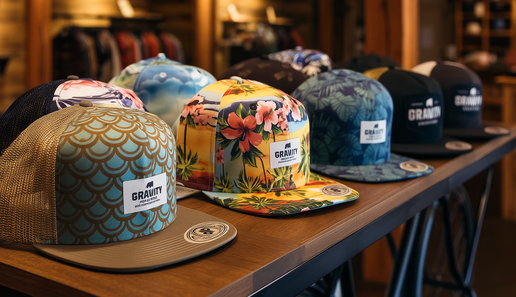 Gravity Coalition five-panel hats on a table in the store, each with a woven front patch