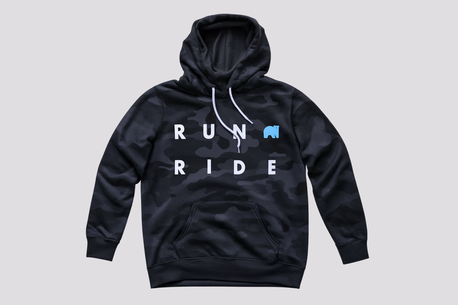 A black camo Gravity Coalition hoodie reading Run + Ride, with the bear mark