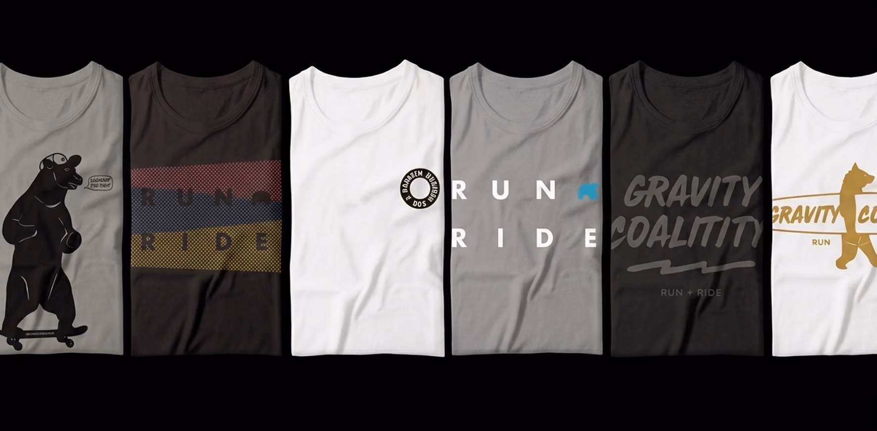 Six Gravity Coalition t-shirt designs: a skateboarding bear, a halftone stripe, a circular badge, Run + Ride, the wordmark and a walking bear