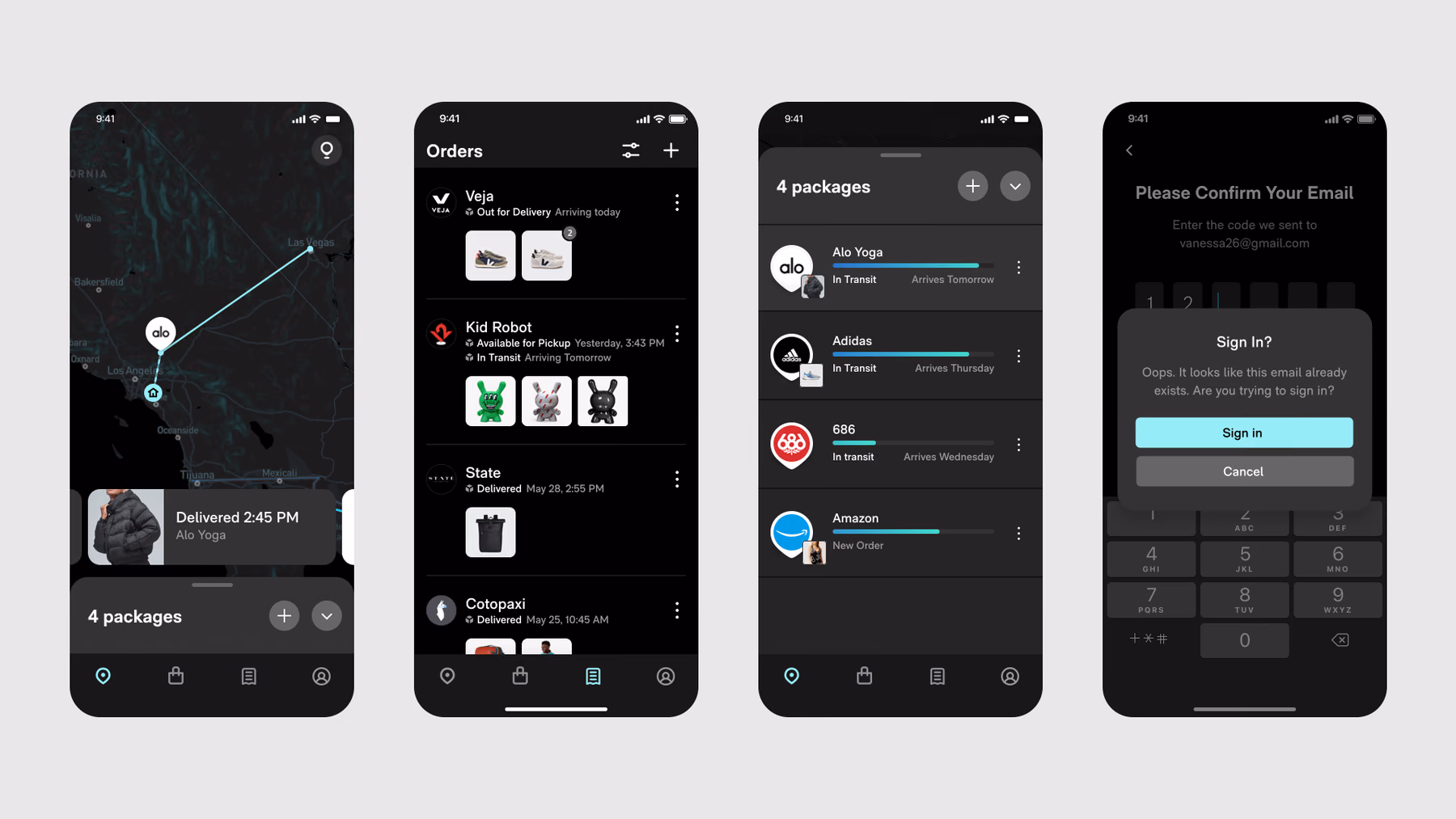 The same four Route app screens shown in the light theme and the dark theme: Dark