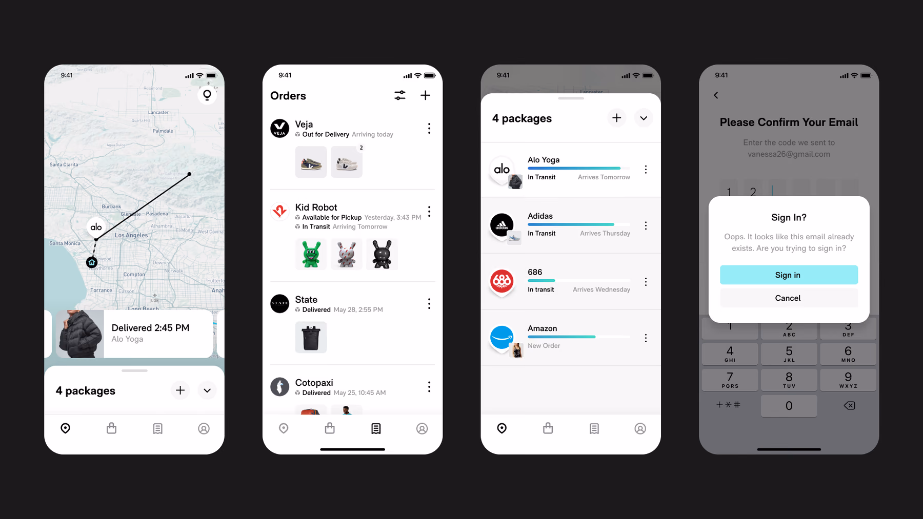 The same four Route app screens shown in the light theme and the dark theme: Light