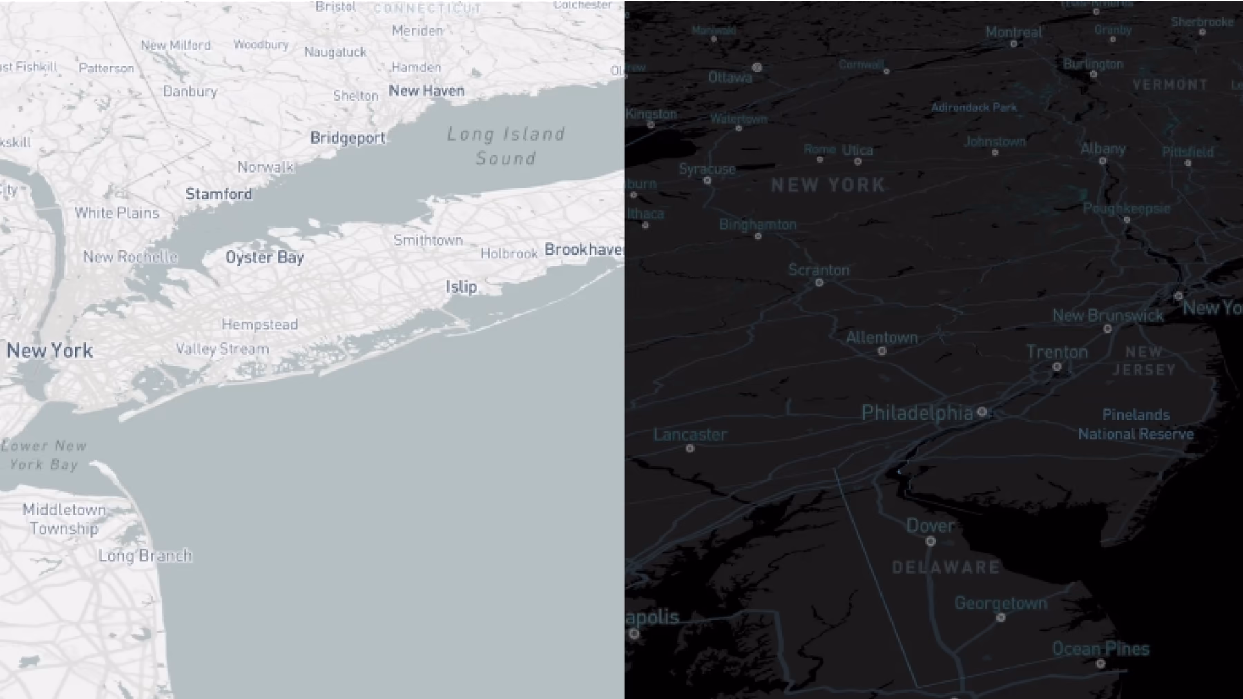 The same map region rendered in the light and dark themes side by side
