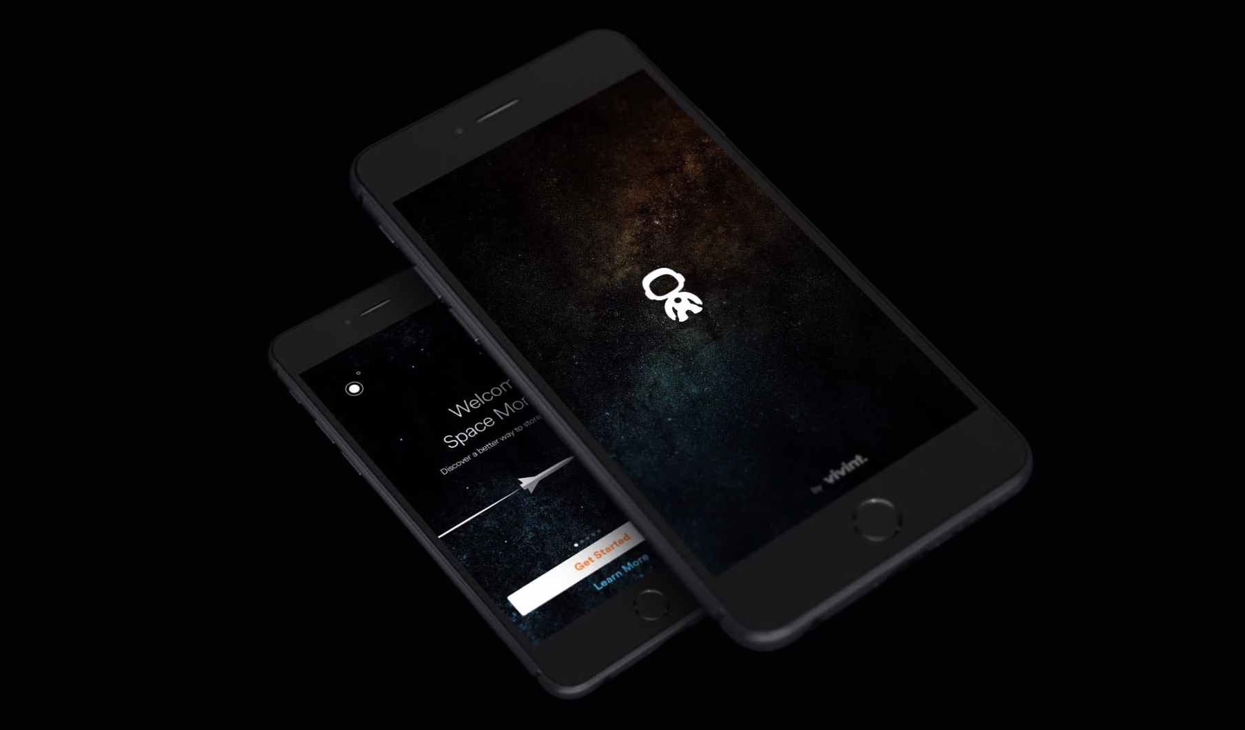 The Space Monkey mobile app welcome screens, shown on two phones against a starfield