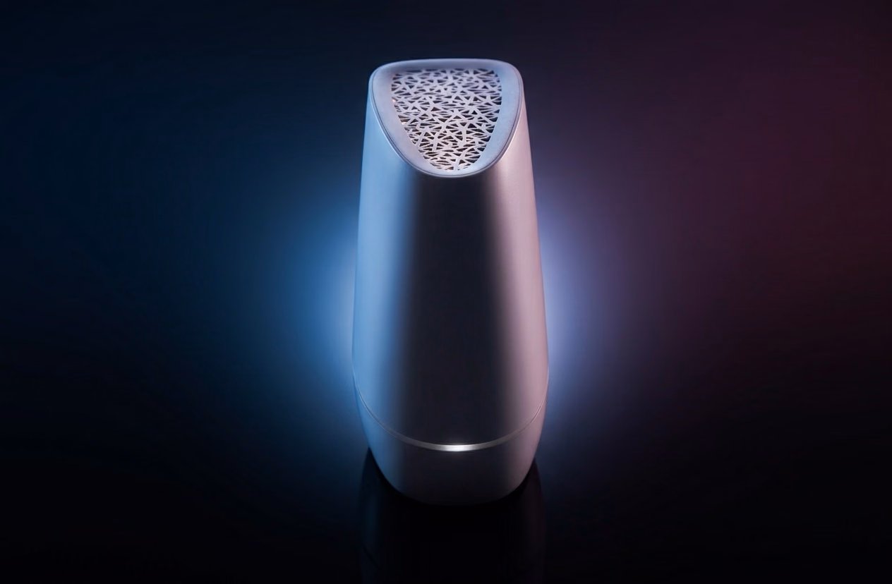 The Space Monkey device, a white cylinder with a speckled top