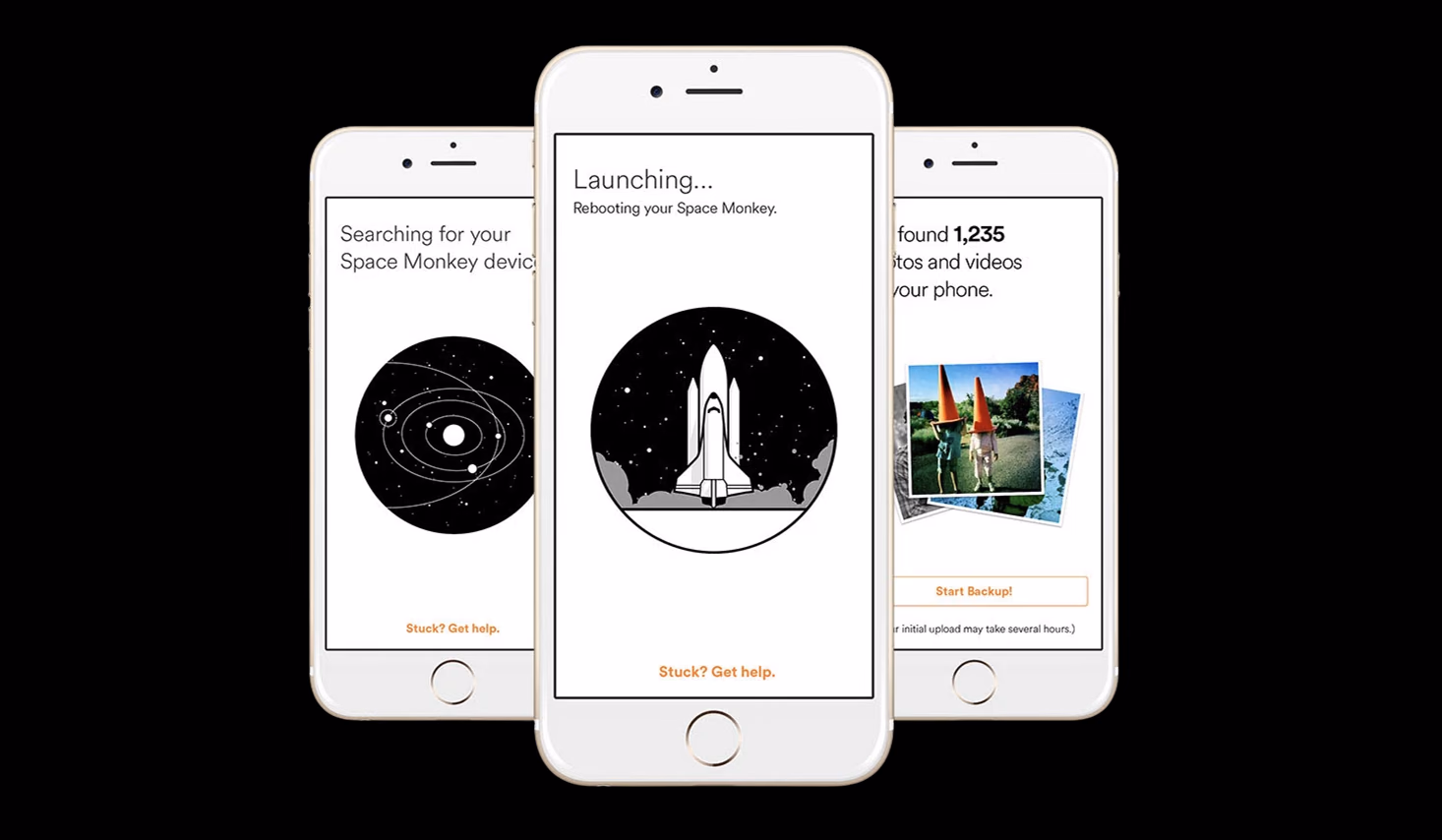 Three setup screens: searching for the Space Monkey device, launching it, and reporting 1,235 photos and videos found on the phone