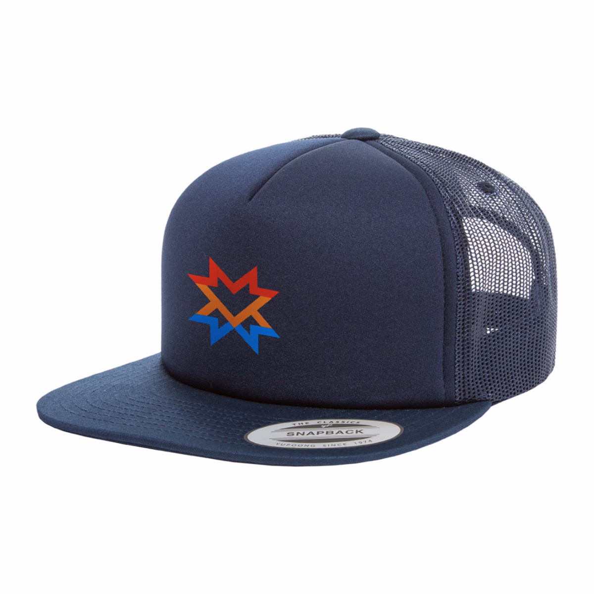 A navy trucker cap with the star mark embroidered on the front