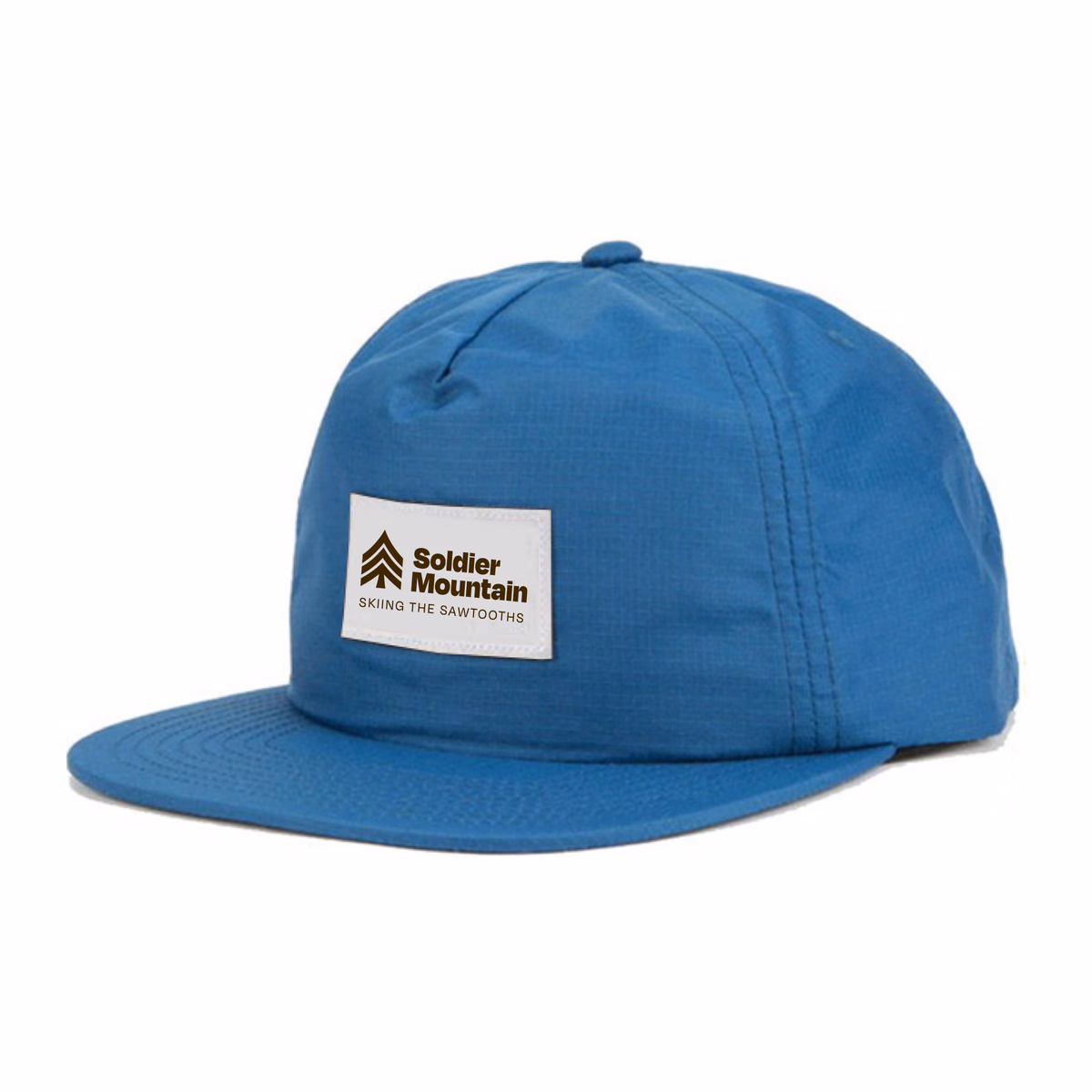 A blue five-panel cap with a woven Soldier Mountain label on the front