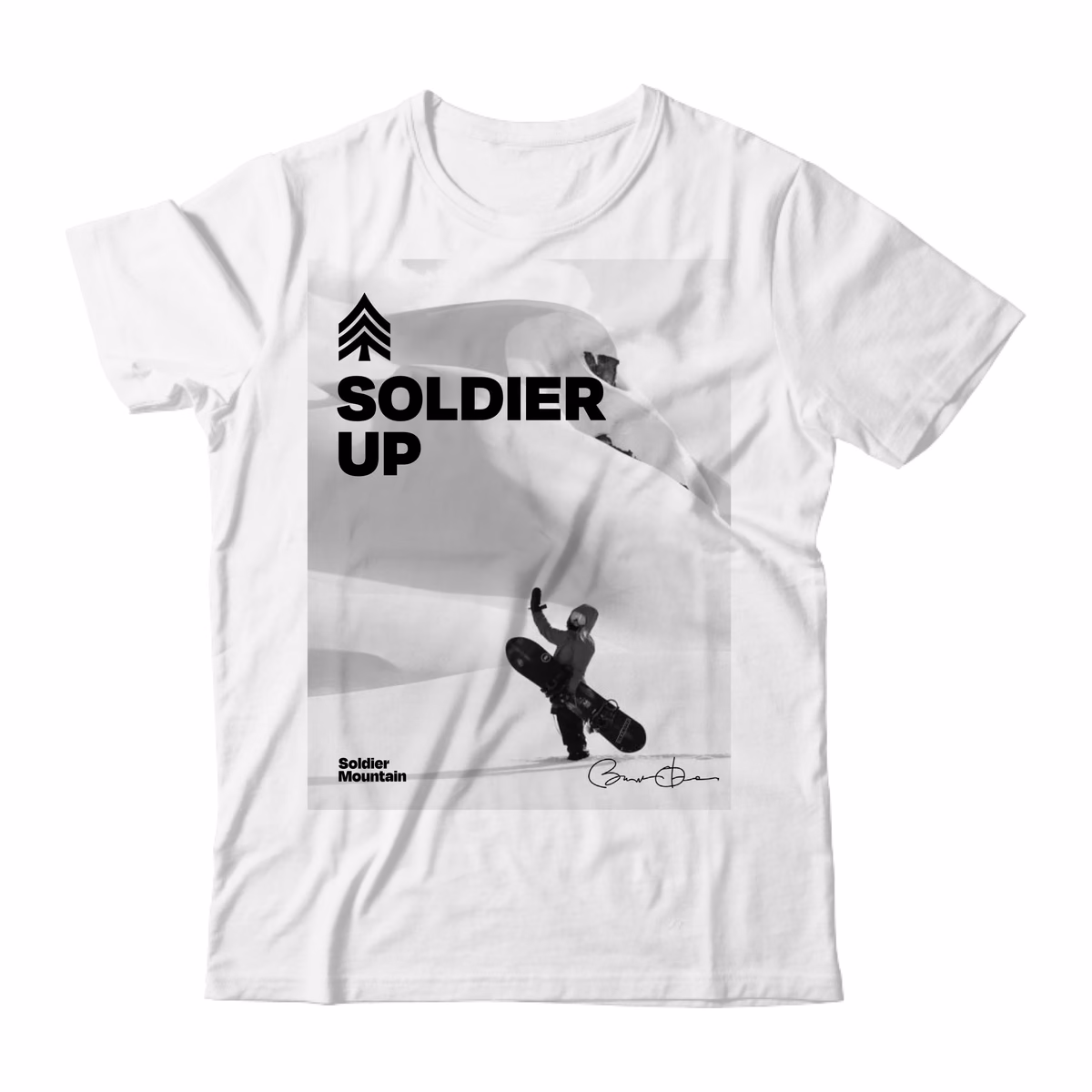 A white Soldier Mountain t-shirt reading Soldier Up, with the chevron mark above it