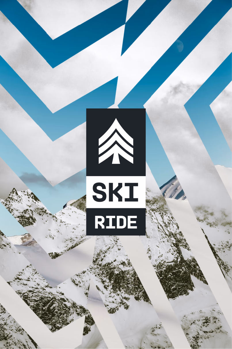 A Soldier Mountain poster: the chevron enlarged and repeated across a photograph of the peaks, with a Ski / Ride lockup in the centre