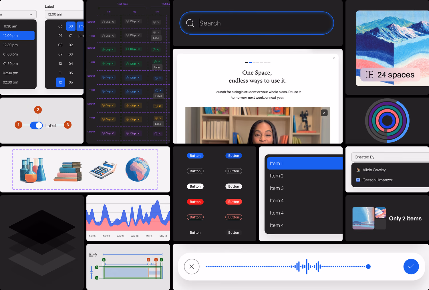 Pickers, chips, search, dialogs, buttons, lists, charts and illustration from the Stipple library